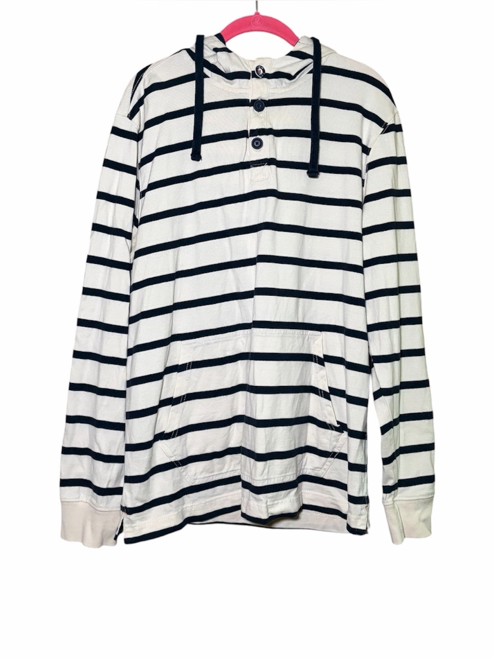 Sperry Top-Sider XL White Navy Striped Hooded Henley Shirt Coastal Preppy